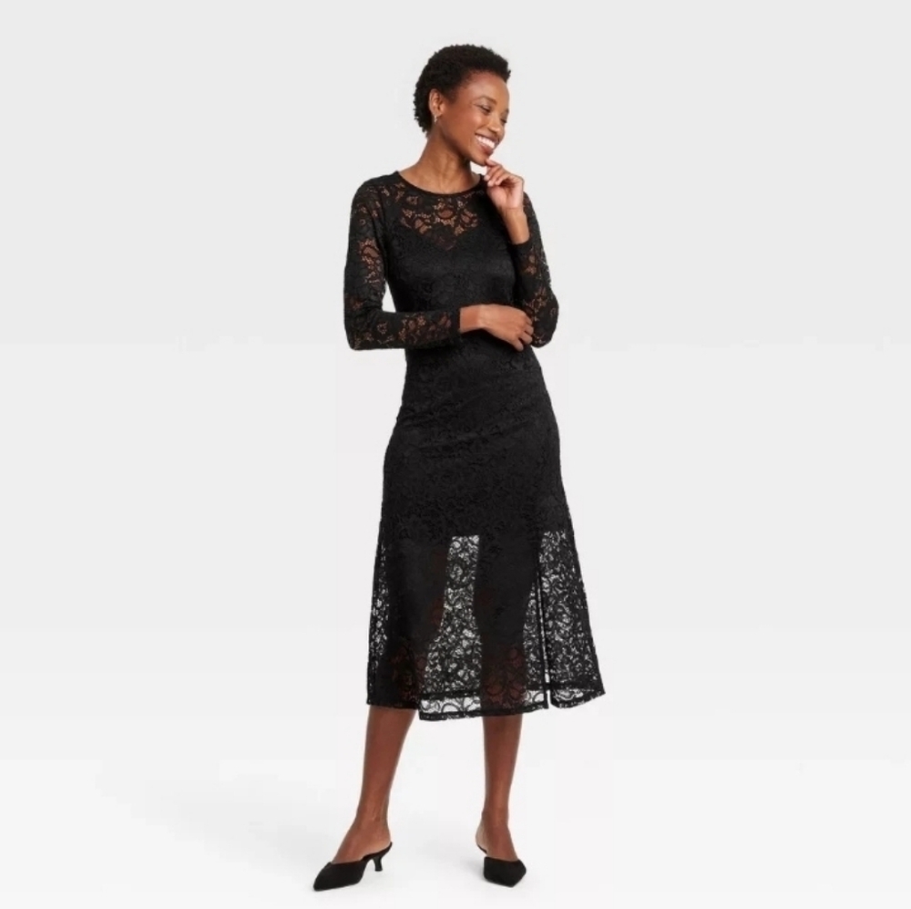 A New Day Women's Long Sleeve Midi Lace Dress Black Floral